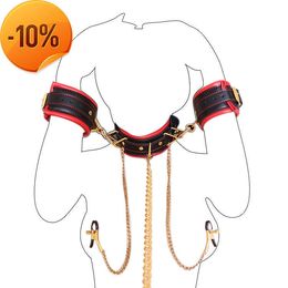 Massage Adult Games Leather Handcuffs Set with Neck Sleeve and Nipple Clamp of Fetish Slave Bdsm Bondage Sex Toys for Women Couple Flirt