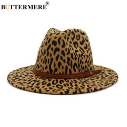 BUTTERMERE Leopard Wool Jazz Fedora Hats Casual Women Leather Belt Felt Hat Ladies Panama Trilby Female Party Cap Sombrero258h