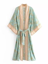 Swimwear Fitshinling Print Floral Beach Kimono Swimwear With Sashes Cotton Slim Bohemian Holiday Long Cardigan Sexy Green CoverUp Sale