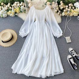 Casual Dresses Women's A Line Dress White Long Sleeve Solid Color Ruffle Patchwork Chiffon Spring Summer Off The Neck Elegant