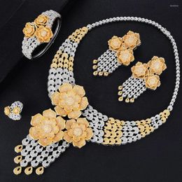 Necklace Earrings Set Soramoore Super Luxury Tassel Drop Rose Flower Boom Full Micro Cubic Zirconia Women Wedding Dress Earring