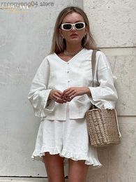 Women's Tracksuits Clacive Fashion Beige Linen 2 Piece Sets Women Outfit Casual Loose Long Sleeve Shirts With High Waist Ruffle Shorts Set Female T230515