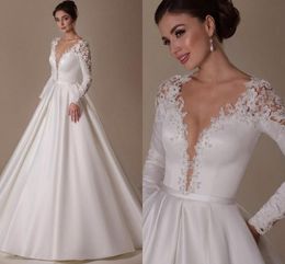 Elegant A-line Satin Wedding Dress Long Sleeves Floor-Length V-Neck Lace Appliques Princess Bridal Party Gown Vestidos De Novias Robe De Mariage 2023