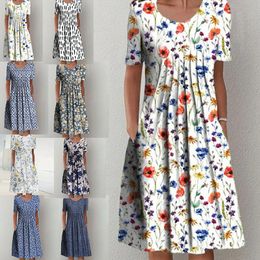 Casual Dresses Women Holiday Style Summer Round Neck Short Sleeve Pocket Floral Mid-length Dress 230515