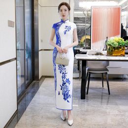 Ethnic Clothing Satin Female Party Elegant Slim Qipao Diamond Peony Flower Blue And White Cheongsam Chinese Traditional Woman