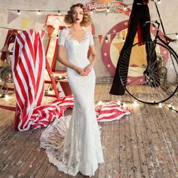 Vintage Lace Mermaid Wedding Dresses With Short Sleeves Sheer Back Long Elegant Bridal Gowns Court Train 2023 Vestido De Novia Robe Mariage