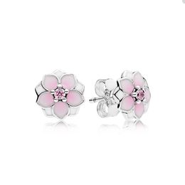 Pink Magnolia Stud Earrings for Pandora Jewellery Authentic Sterling Silver Wedding Party Earring Set For Women Sisters Gift Cute Flower earring with Original Box