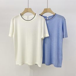 Women's T Shirts Bead Chain Neckline Solid Colour Short-sleeved Sweater 2023 Summer Women Silk Cashmere Round Neck Thin Top