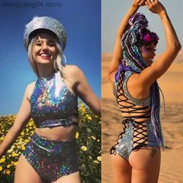 Women's Tracksuits Holographic Crop Top Women 2 Piece Sets Music Festival Rave Clothes Wear Outfits Criss Cross Tank Top High Waist Shorts T230515