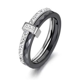 2 Layers Black/White Ceramic Crystal Wedding Rings Rose Gold Colour Stainless Steel Rhinestone Engagement Ring JR18054