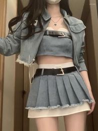 Work Dresses Hikigawa Chic Fashion Women Streetwear Y2k Denim Jackets Sexy Strapless Tube Tank Top HIgh Waist Pleated Mini Skirts 3 Set