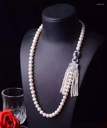 Chains Fashion Jewellery Micro Inlaid Zircon Leopard Head Accessories 8-9mm White Freshwater Pearl Tassel Pendant Necklace 65cm Long