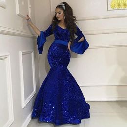 Party Dresses Luxury Royal Blue Mermaid Evening Flare Sleeves Shiny Sequin Formal Prom Gown Robe De Soiree Girls Pageant Dress 230515