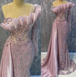 Mermaid May Aso Ebi Pink Prom Dresss Beaded Crystals Evening Formal Party Second Reception Birthday Engagement Gowns Dress Robe De Soiree Zj279