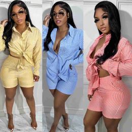 Women's Tracksuits Casual Women Tracksuit Striped Two Piece Set Turn Down Collar Shirt + Short Pants Streetwear Sportsuit Matching Set Clothes T230515