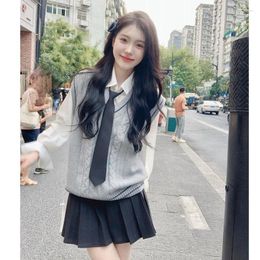 Work Dresses Teens Cute Knitted Vest Harajuku Women Sleeveless Kawaii Vintage Korean Grey Sweater Shirt Suits Winter Clothes Fashion Party