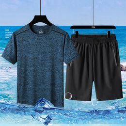 Men's Tracksuits Summer Quick Dry Mens Sports Suit Ice Silk Tshirt and Shorts Casual Two Piece Set Breathable Male Short Sleeve Set Size 8XL 230515
