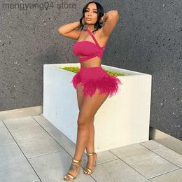 Women's Tracksuits Sexy Feather Fringe Shorts Sets Womens Outfits 2022 Clubwear Bandage Crop Top and Shorts Festival Clothing 2 Piece Sets Elegant T230515