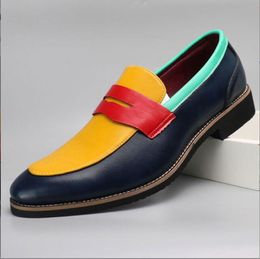 Fashion Blue Yellow Men's Leather Loafers Size 38-48 Pointed Shoes Casual Men Low-heel Designer Shoes Men zapatos cuero hombre