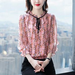 Women's Blouses Vintage Three Quarter Sleeve Ruffles Floral Print Chiffon Women Elegant Pink Yellow Office Tops Blusas De Mujer