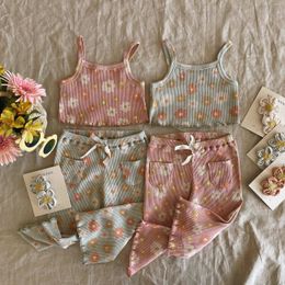 Clothing Sets Lovely Children Summer Ribbed Floral Print Sleeveless Tanks TopsElastic Waist Pocket Long Pants Casual Outfits 230512
