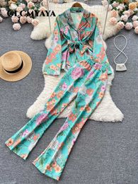 Women's Two Piece Pants Glcmyaya elegant chic floral woman flare pants suit and bands waist long sleeve shirt outfit 2023 two 2 piece set Pyjama suits P230515