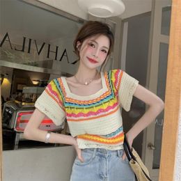 Women's T Shirts Striped Knitted Summer T-Shirts Women Square Collar Short Sleeve Vintage Beach Boho Hollow Out Knitwear Slim Loose