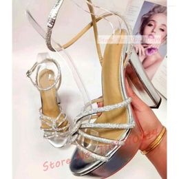 Sandals Crystal Cross-tied Platform Women Shiny Metallic Silver Block Heels Party Shoes Luxury Summer Ladies Nude Dress