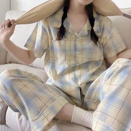 Women's Sleepwear Korean Style Women's Pyjamas Set Plaid Printed Casual Cute 2 Pieces Suit Home Clothes Sleepwear Pyjamas Student Lounge Wear Pjs 230515