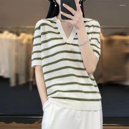 Women's T Shirts 2023 Women Summer Fashion Ice Silk Striped T-shirt Female Short Sleeve Knit Tops Ladies Korean Thin V-neck Sweater A145