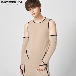 Mens Tracksuits Men Sets Patchwork Streetwear Oneck Sleeveless Off Shoulder T Shirt Shorts 2PCS Summer Loose Casual Suits INCERUN 230512