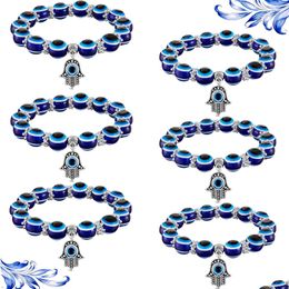 Beaded Fashion Sier Colour Strand Bracelet Evil Blue Eye Hamsa Hand Fatima Palm Bracelets For Women Beads Chain Vintage Jewellery Femal Dhpue