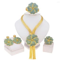 Necklace Earrings Set Women's Jewellery 24K Gold Plated Flower Bud Woven Pendant Big Luxurious Stone Bracelet Ring