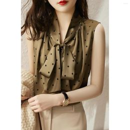 Women's Blouses Sleeveless Polka Dot Women Fashion Vest Bow Tie Collar Satin Blouse Cute Office Slim Tops Blusas Mujer De Moda Verano