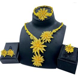 Necklace Earrings Set Nigerian Flower Pendant Long Travel Creative Crystal Bracelet Bridal Wedding Ring Fashion