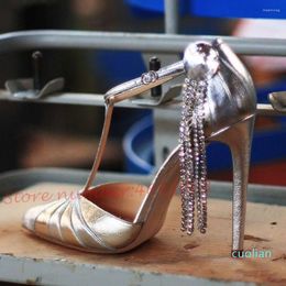 Sandals Silver Crystal T-strap Heels Women Luxury Chain Patent Leather Elegant Summer Shoes Female Banquet Patchwork