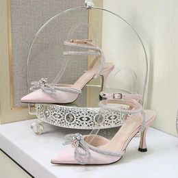 Designer Heels Mach Women Dress Shoes Sandali da donna Décolleté in raso di seta rosa con doppio fiocco Luxury Wedding Party Bow Tacco alto taglia 34-40 con scatola