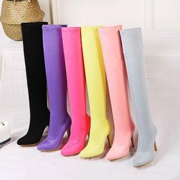 Boots 2023 Womens Model Cow Suede Sexy Pointed Toe Set High Stiletto Women Tube Elastic Candy Colors Over The Knee 46