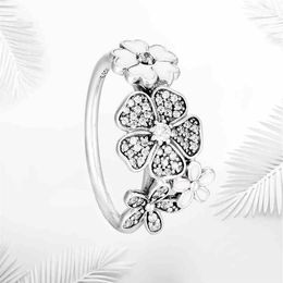 Authentic 925 Sterling Silver White enamel Flower Rings Original Box for Pandora Silver Jewellery for Women Natural crystal Wedding 229M