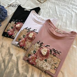 Women's T Shirts Pure Cotton Shirt Women Short Sleeve Tops Fashion Korean Flowers Beading Sequined Pink Top Summer Print Tee