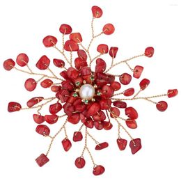 Brooches Yacq Women Red Coral Freshwater Pearl Cubic Zirconia CZ Pin Brooch Pendant 2 In 1 Handmade Jewelry Flexible Copper Wire Gift