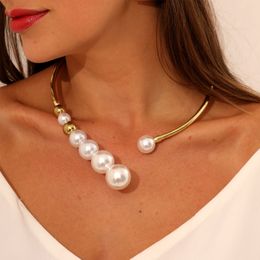 Exaggerated Pearl Necklace For Women Simple Versatile Golden Bead Opening Collar Exquisite Clavicle Korean Fashion Jewellery Gifts