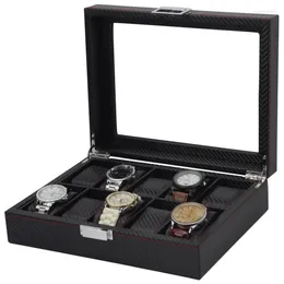 Watch Boxes Classic 5/6/10 Slots Carbon Fibre Box Leather Black Display With Lock Men Or Women Watches Organiser