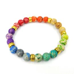 JLN Emperor Stone Seven Chakra Bracelet Anqitue Gold/Silver Flower Beads Spacer Findings Imperial Jasper Gems Bracelets For Men Women