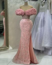 Aso Ebi 2023 Arabic Mermaid Pink Prom Dress Pealrs Crystals Sexy Evening Formal Party Second Reception Birthday Engagement Gowns Dresses Robe de Soiree SH045