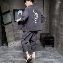 Ethnic Clothing Japanese Traditional Yukata Summer Pants Two Piece Seven-point Coat Suits Men Japan Print Shorts Cardigan Harajuku Clothes