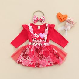 Clothing Sets 3Pcs Baby Girls Valentines' Day Outfits Long Sleeve Romper Heart Print Suspenders Skirt Head Rope For Toddlers 0-18 Months