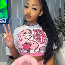 Summer New Style Casual Designer T Shirt Tops 2023 Ins Network Red Cute Bear Print Navel Exposed Tee