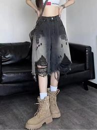 Women's Shorts Y2K Summer Women Vintage Streetwear Black Ripped Denim Shorts High Waist Knee Length Wide Leg Baggy Short Pants Harajuku Clothes 230512