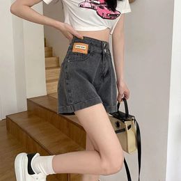 Women's Shorts EOENKKY/ Summer Dark Grey Women Denim Shorts Women Harem Ruffled High Waisted Shorts Female Elastic Short Jeans 230515